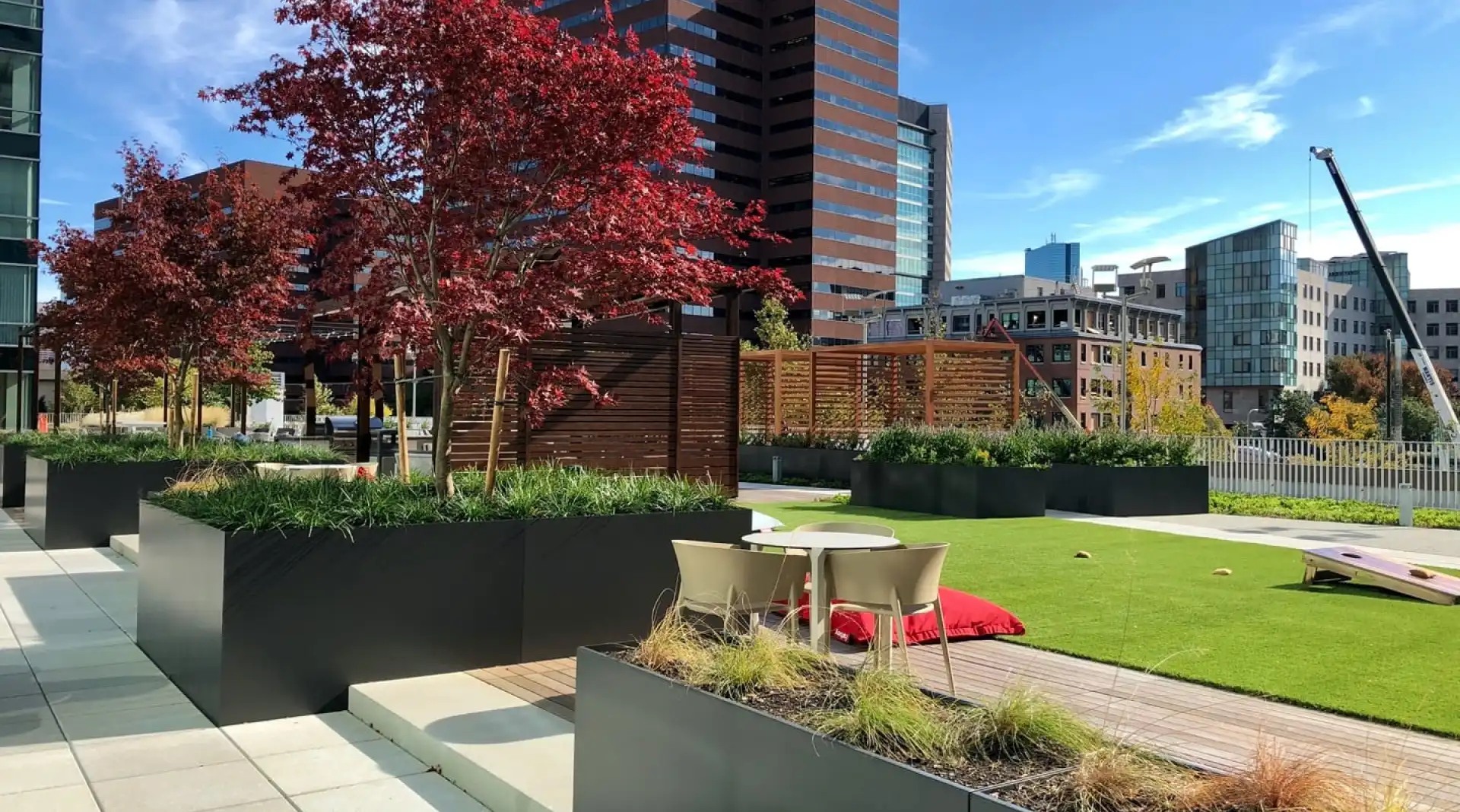 commercial building on artificial grass lawn